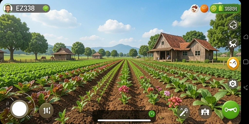 Screenshot utama EZ338 menampilkan gameplay pertanian yang mengasyikkan dan interaktif.