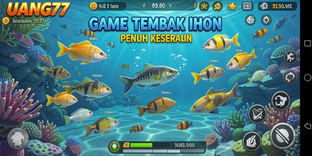 Tampilan gameplay menarik UANG77 dalam aksi Tembak Ikan.