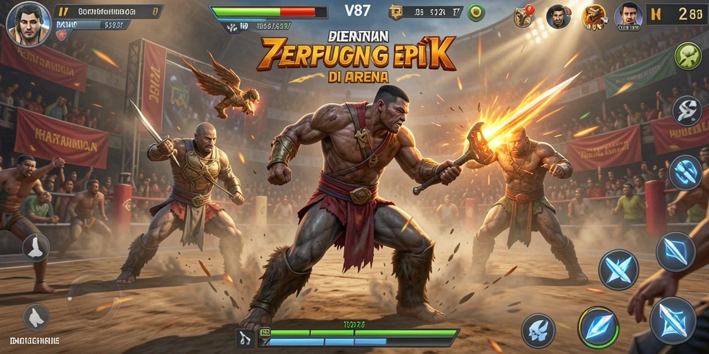 Tangkapan layar V87 menunjukkan pertarungan dalam arena yang dinamis.