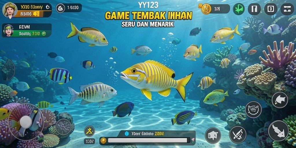 Screenshot utama YY123 menampilkan aksi seru menembak ikan.